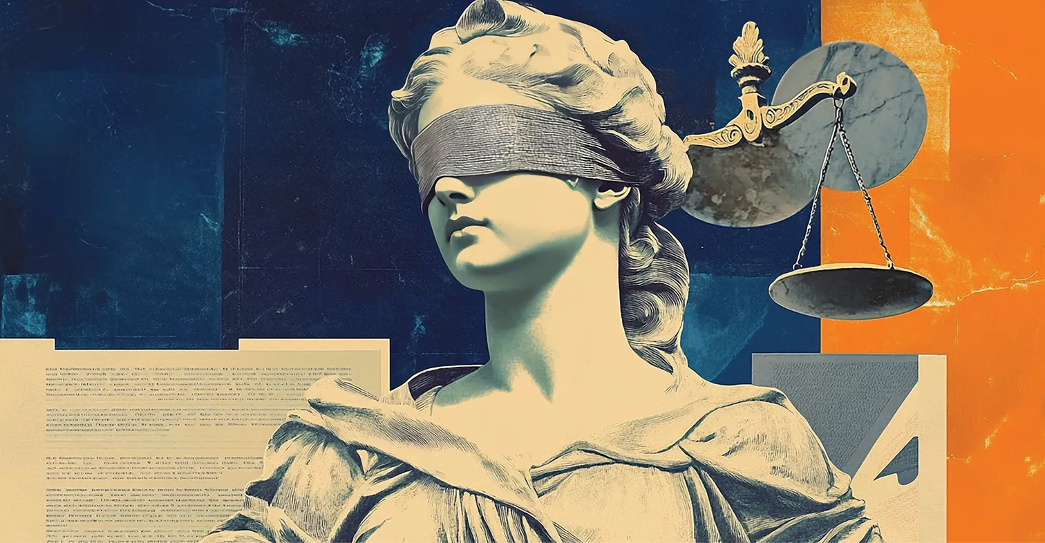 Ilustracja przedstawia stylizowaną postać Temidy z zawiązanymi oczami i wagą w dłoni — symbol sprawiedliwości. Grafika w nowoczesnym, kolażowym stylu łączy barwy granatu, pomarańczu i beżu, tworząc dynamiczne tło sekcji „O nas” na stronie fundacji Colectiva / Prawo dla Nas.