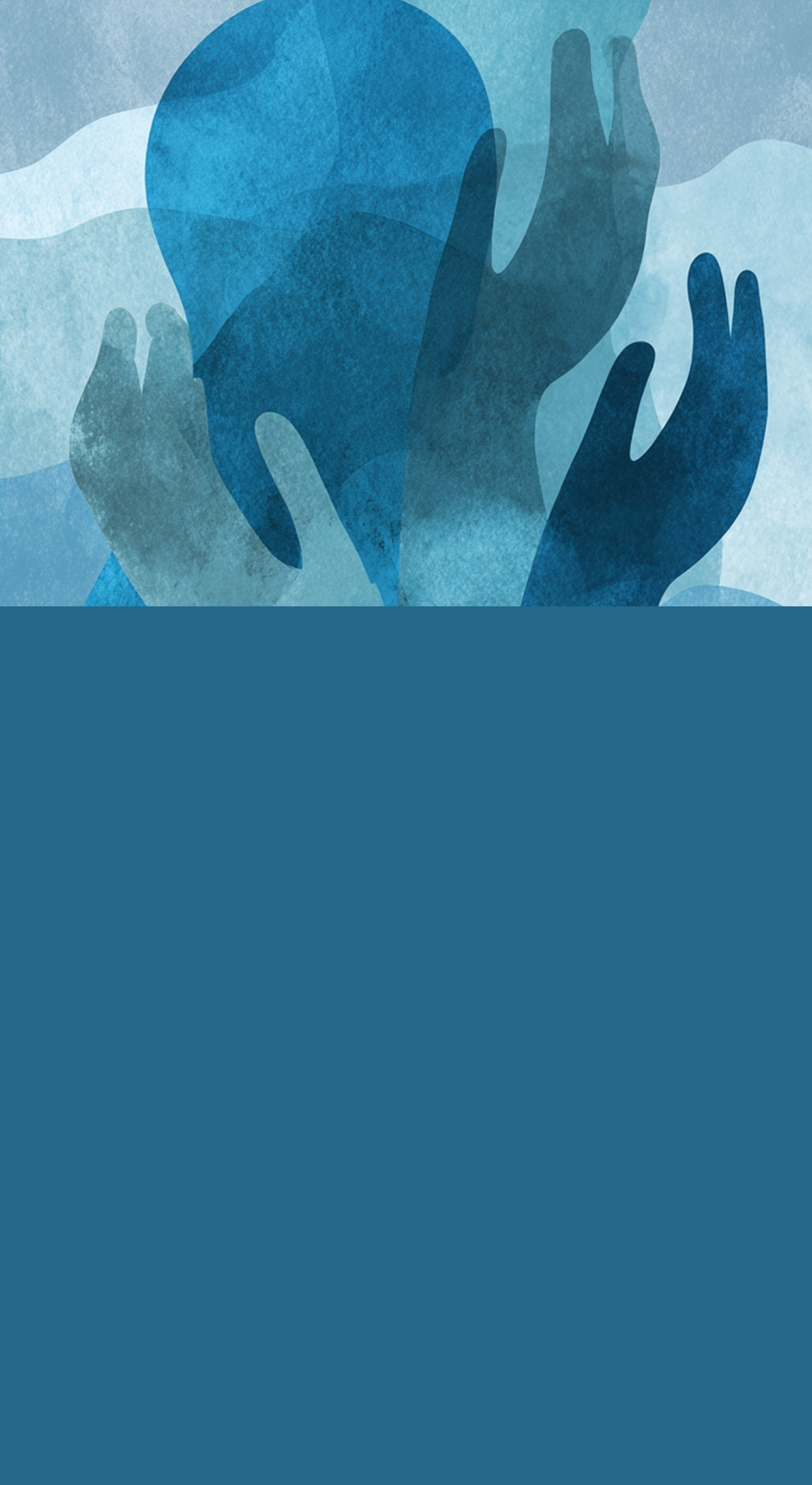 Abstrakcyjne, niebieskie sylwetki i wyciągnięte dłonie nakładające się warstwowo, tworzące efekt wsparcia i wznoszenia.