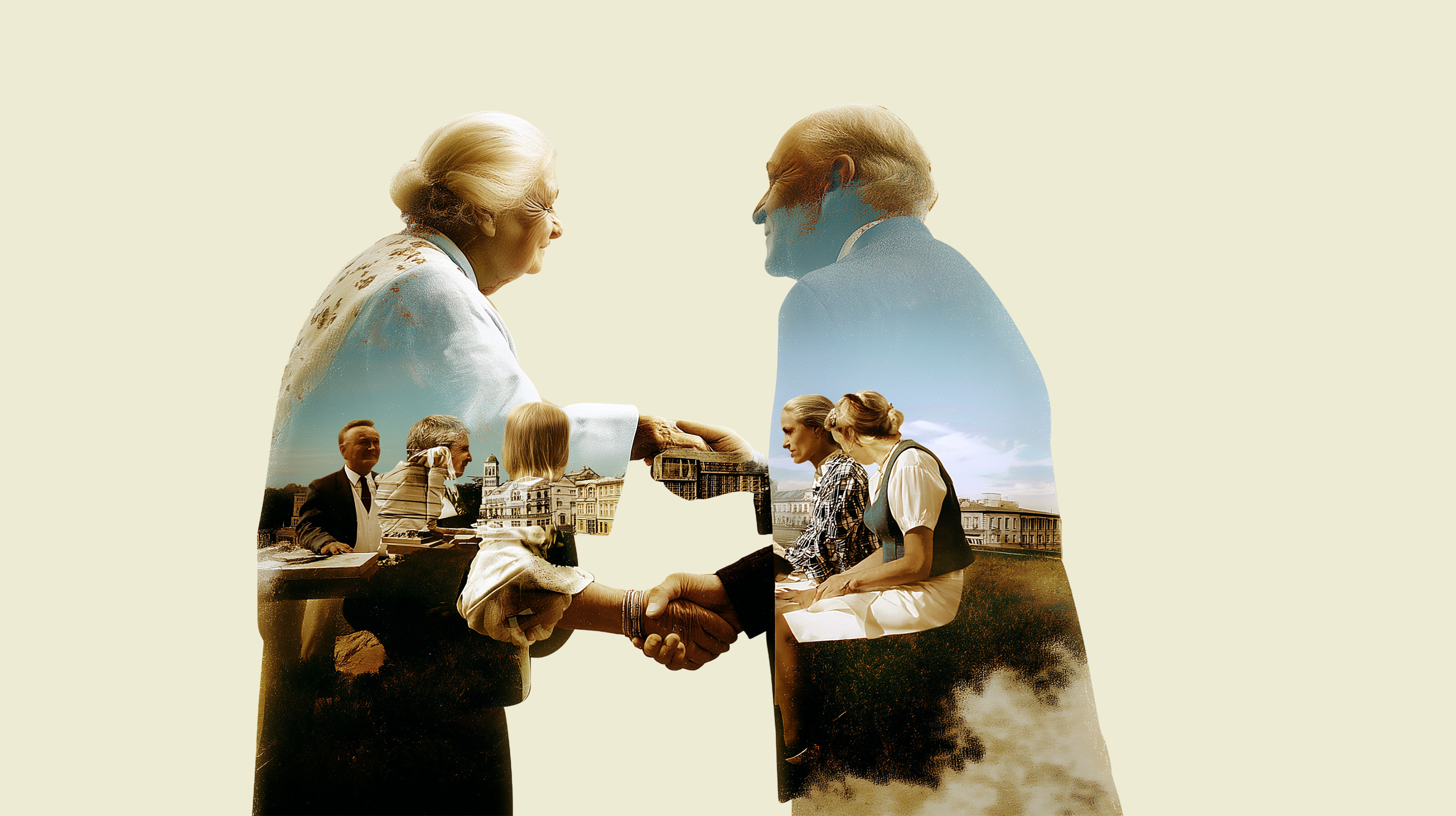 Grafika przedstawia dwie starsze osoby – kobietę i mężczyznę – stojące naprzeciw siebie i podające sobie ręce. Sylwetki są wypełnione scenami z życia społecznego: rozmowami, spotkaniami międzyludzkimi i miejską architekturą. Kobieta ma upięte jasne włosy i nosi jasny płaszcz, mężczyzna ma siwe włosy i niebieską marynarkę. Po prawej stronie znajduje się żółta ramka z nazwą organizacji: „Fundacja Optymalnego Rozwoju Edukatorów Dostępności Uniwersalnej”. Tło jest jednolite, jasne.