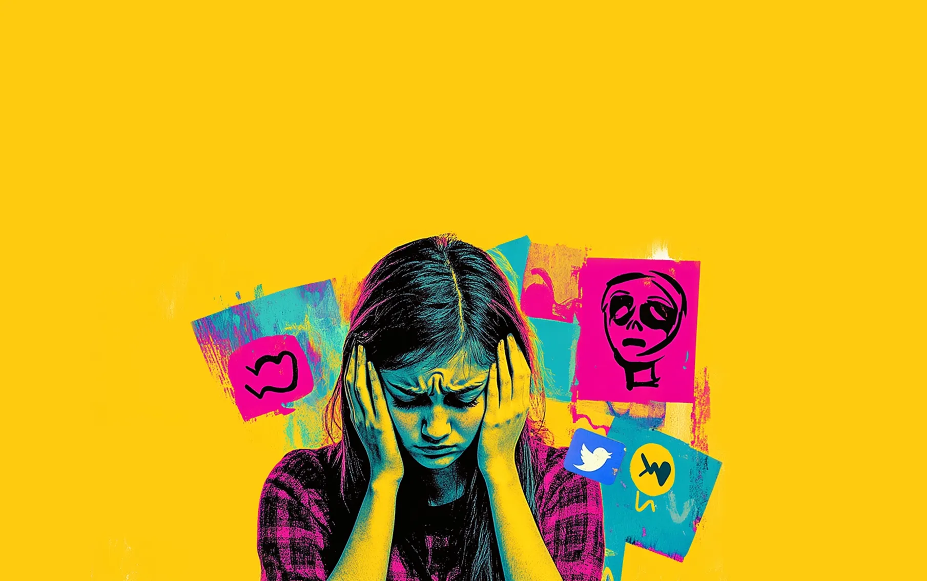 Kobieta zasłania uszy przed negatywnymi komentarzami w internecie — ilustracja symbolizująca hejt i presję w mediach społecznościowych na żółtym tle.