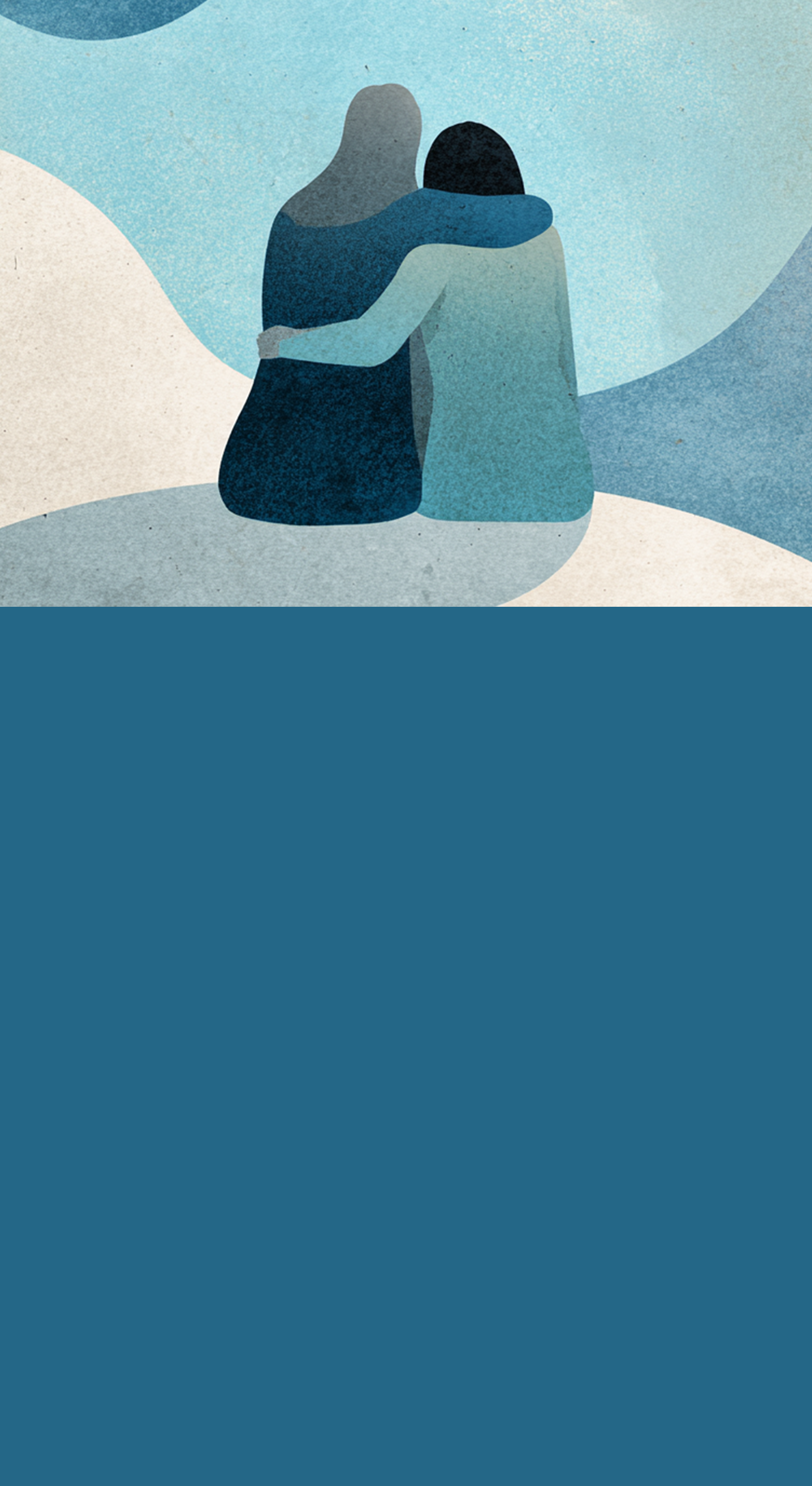 Dwie postacie siedzące obok siebie, obejmujące się ramieniem i patrzące w stronę jasnego, rozświetlonego nieba