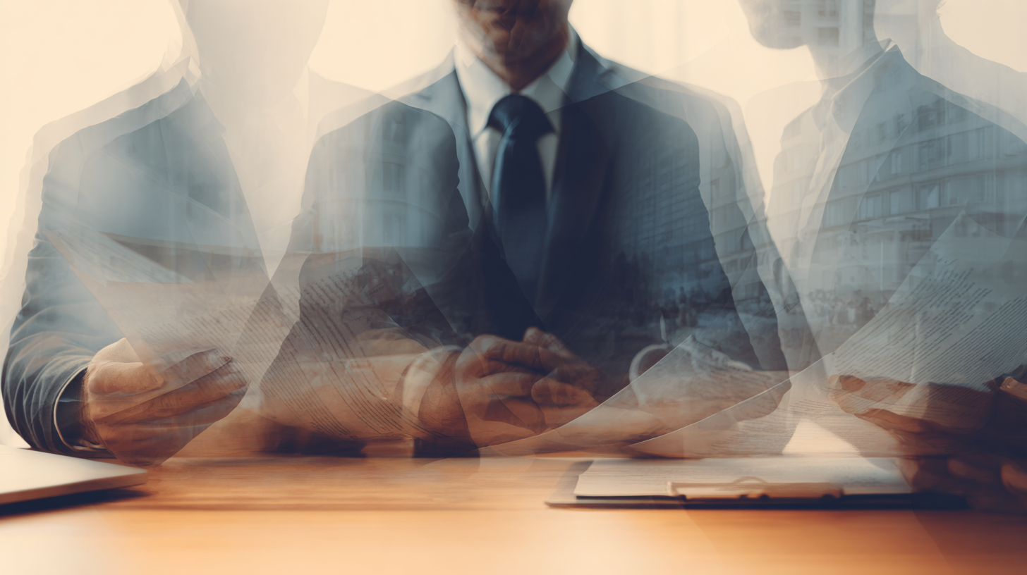 Abstrakcyjna kompozycja przedstawiająca osoby w garniturach omawiające dokumenty przy stole – symbol współpracy i dialogu między organizacjami.