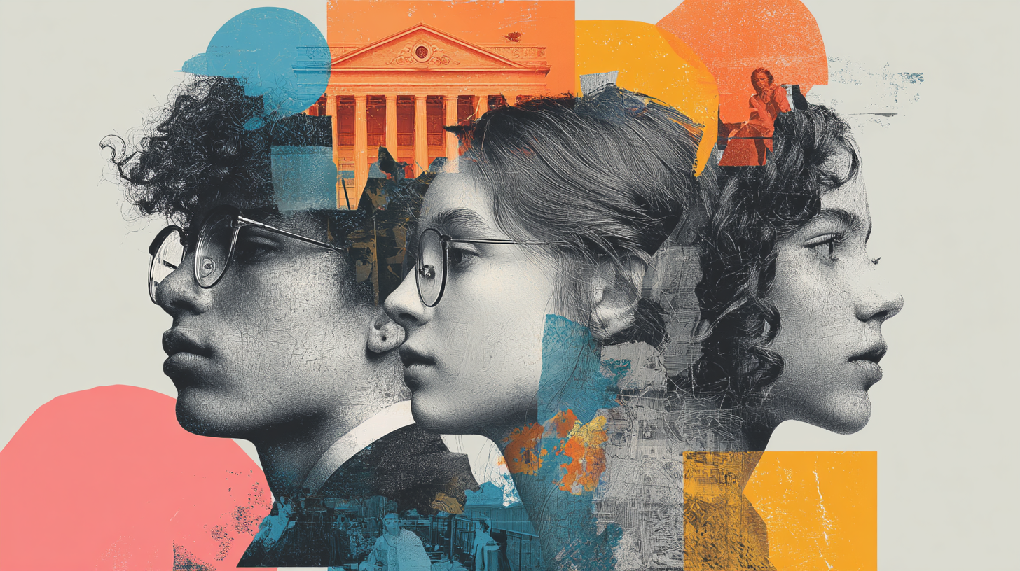 Kolaż trzech młodych osób spoglądających w różnych kierunkach na tle budynku sądu i geometrycznych kształtów w barwach pomarańczowo-niebieskich. Symbolizuje różnorodność perspektyw i otwartość w edukacji prawnej.