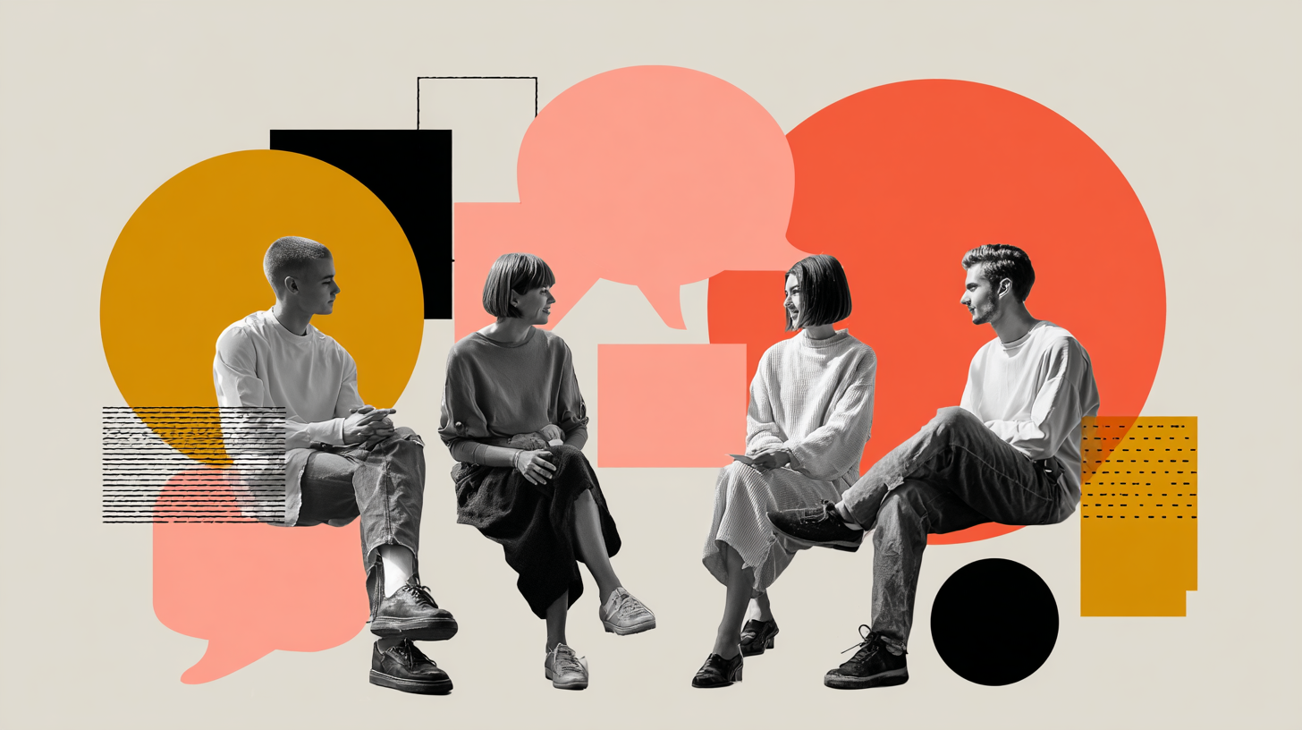 Grafika ilustrująca dialog i współprace miedzy ludźmi 