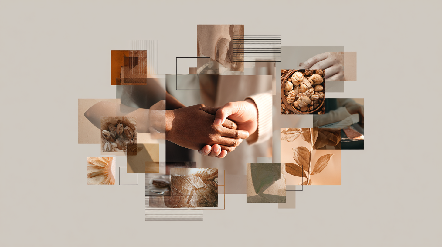 Kolaż przedstawiający ludzkie dłonie w geście wsparcia, otoczone fragmentami zdjęć natury i ciepłych tekstur — drewna, skóry, liści — na jasnym tle.
